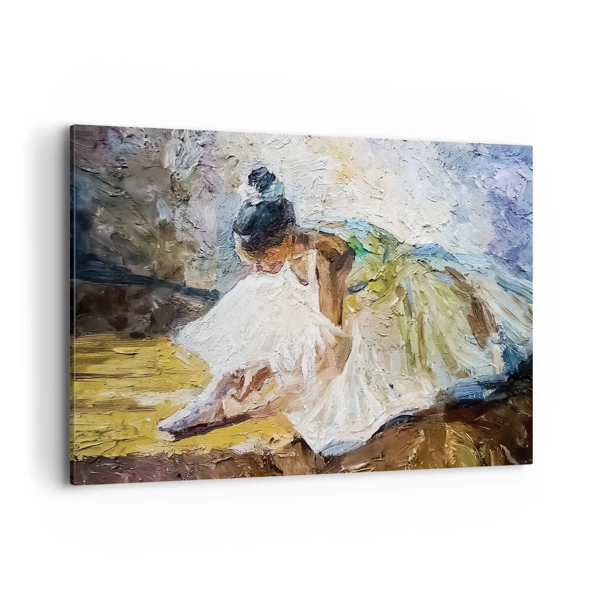 Quadro su tela - Stampe su Tela - Una ballerina in abito bianco in stile pittorico su uno sfondo impressionista. - 120x80cm - Dal quadro di Degas - Decorazione murale moderna per soggiorno e camera da letto ARTTOR