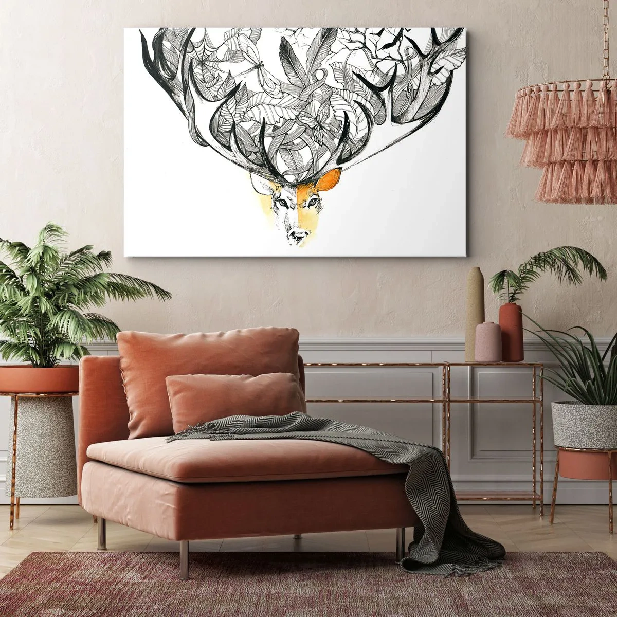 Quadro su tela - Stampe su Tela - Sottile grafica di cervo con corna decorative - 70x50cm - I corni dell'abbondanza - Decorazione murale moderna per soggiorno e camera da letto ARTTOR