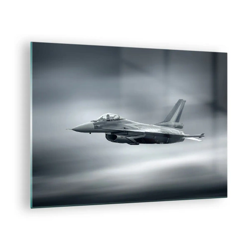 Quadro su vetro - Un aereo da caccia in volo contro un cielo nuvoloso - 70x50cm - Lanci la sfida? - Decorazione murale moderna per soggiorno e camera da letto ARTTOR