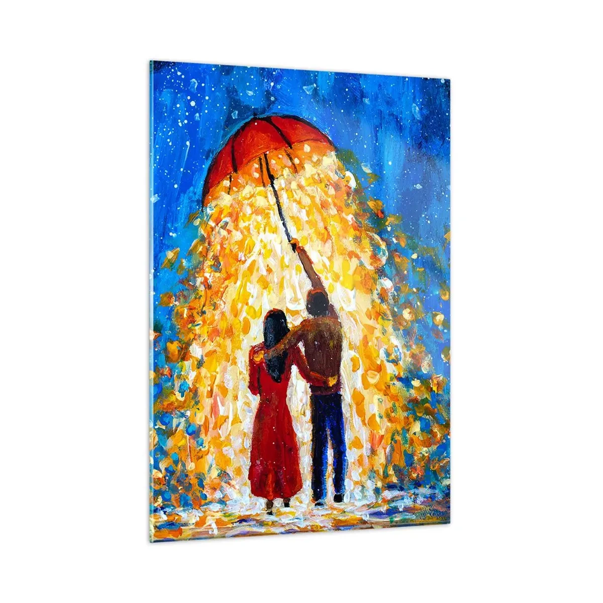 Quadro su vetro - Una coppia sotto un ombrello circondata da una luce dorata contro il cielo notturno - 50x70cm - La magia di una sera piovosa? - Decorazione murale moderna per soggiorno e camera da letto ARTTOR