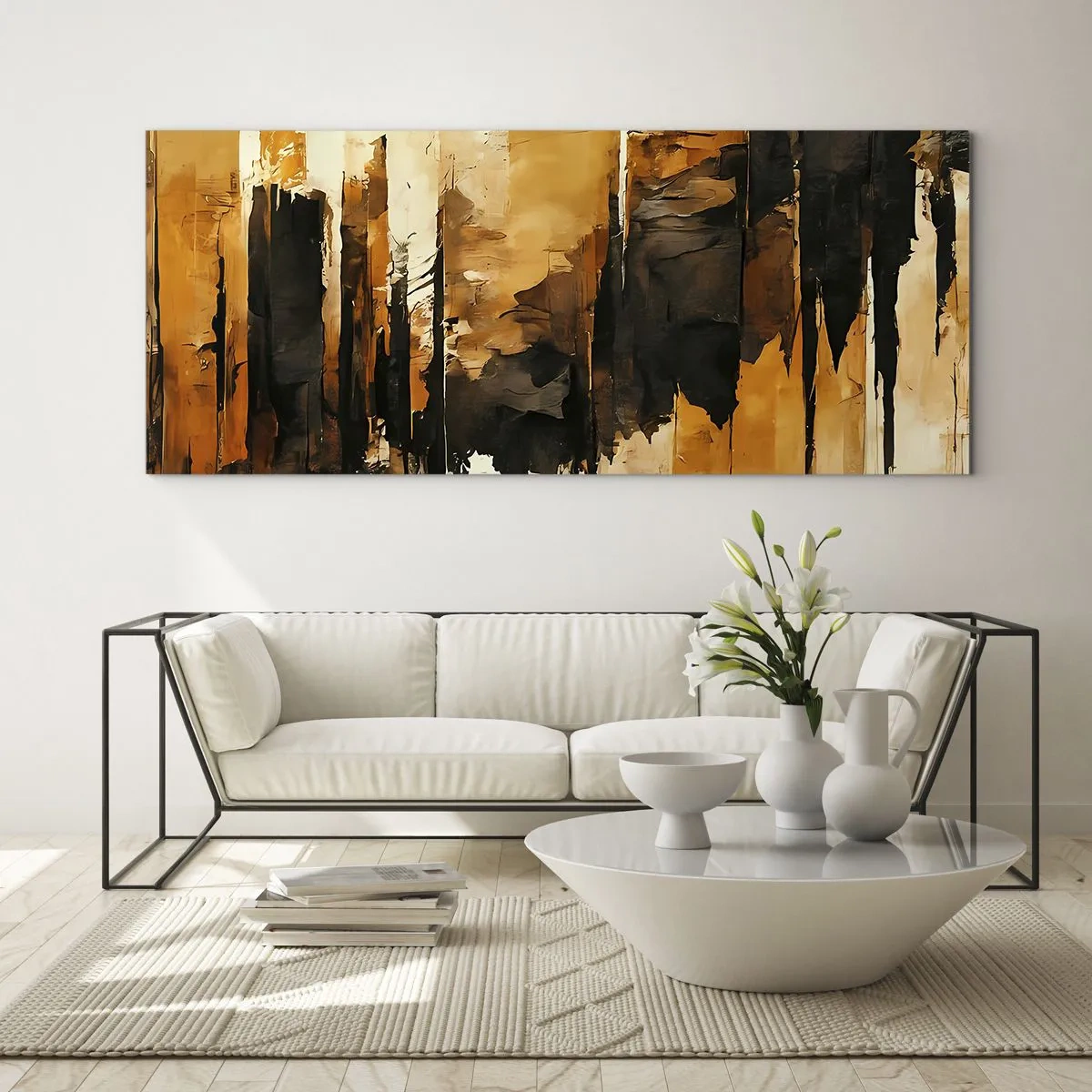 Quadro su vetro - Armonia di nero e oro - 100x40 cm