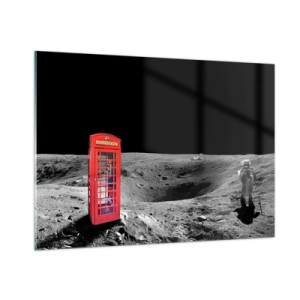 Quadro su vetro - Una cabina telefonica rossa sulla superficie lunare con un astronauta - 100x70cm - Scherzo cosmico - Decorazione murale moderna per soggiorno e camera da letto ARTTOR