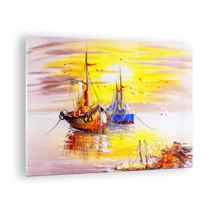 Quadro su vetro - Barche da pesca al tramonto su acque calme - 70x50cm - Meritato riposo nel porto - Decorazione murale moderna per soggiorno e camera da letto ARTTOR