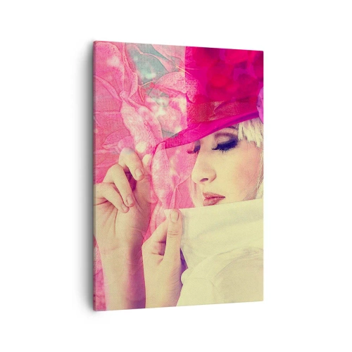 Quadro su tela - Stampe su Tela - Donna elegante con un cappello rosa con un fiore - 50x70cm - Ritratto retro nei vapori di rosa - Decorazione murale moderna per soggiorno e camera da letto ARTTOR