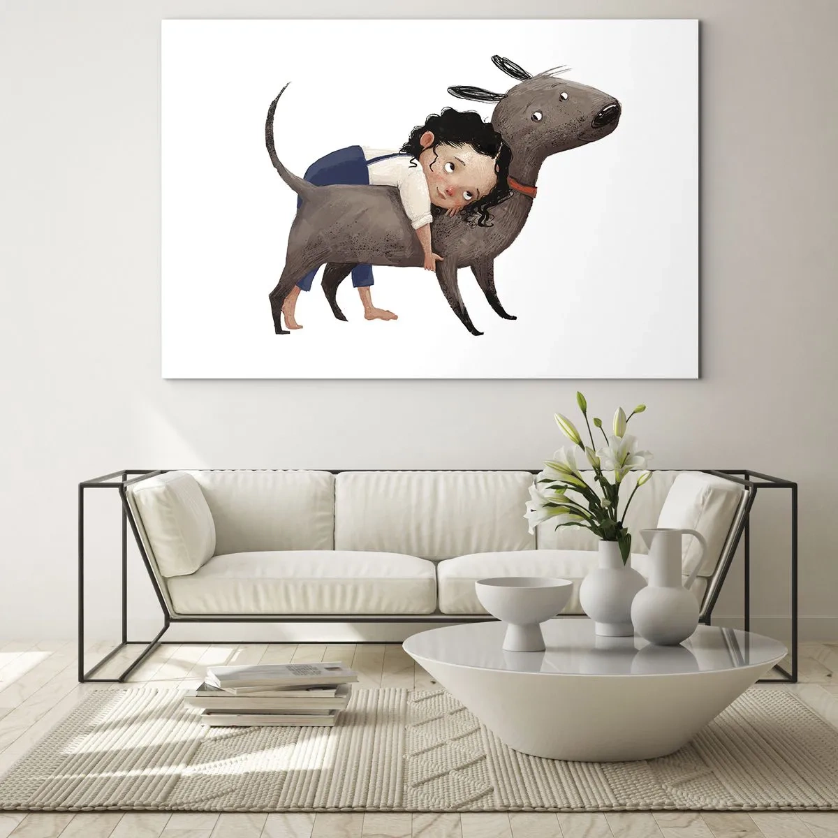 Quadro su vetro - Una ragazza che abbraccia un grosso cane su uno sfondo bianco - 70x50cm - I migliori amici - Decorazione murale moderna per soggiorno e camera da letto ARTTOR