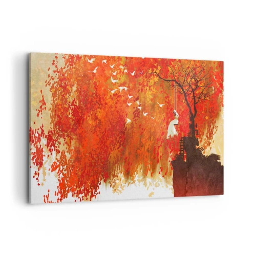 Quadro su tela - Stampe su Tela - Una figura su un'altalena vicino a un albero circondata da foglie rosse - 120x80cm - Voli con noi? - Decorazione murale moderna per soggiorno e camera da letto ARTTOR