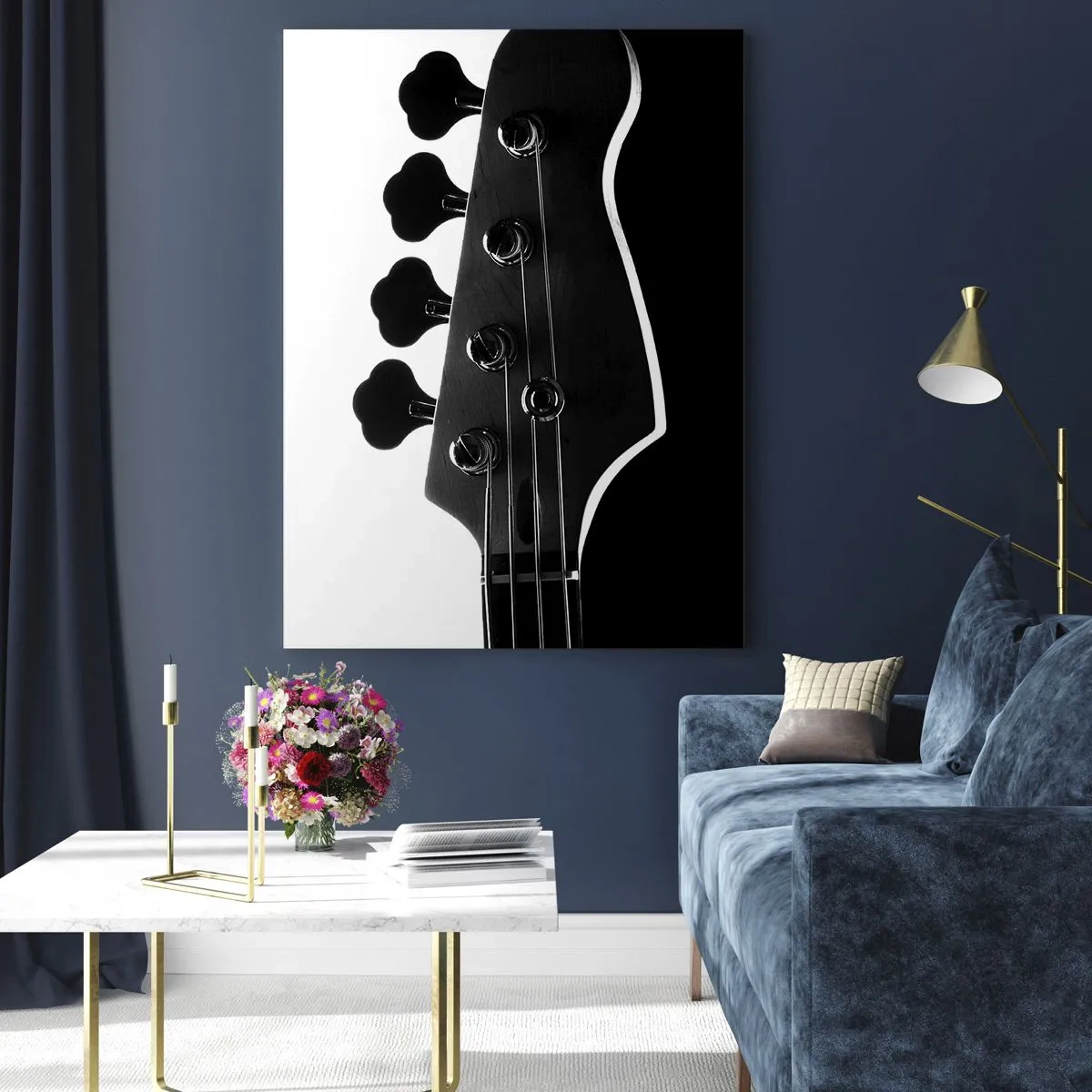 Quadro su vetro - Sagoma in bianco e nero della paletta di un basso - 80x120cm - Silenzio rock - Decorazione murale moderna per soggiorno e camera da letto ARTTOR