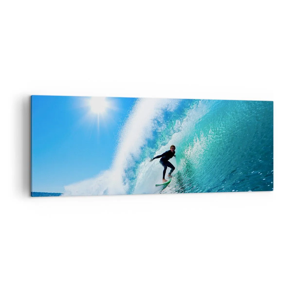 Quadro su tela - Stampe su Tela - Un surfista su una tavola cavalca un'onda potente sotto un cielo azzurro. - 140x50cm - Attraverso il grande blu - Decorazione murale moderna per soggiorno e camera da letto ARTTOR