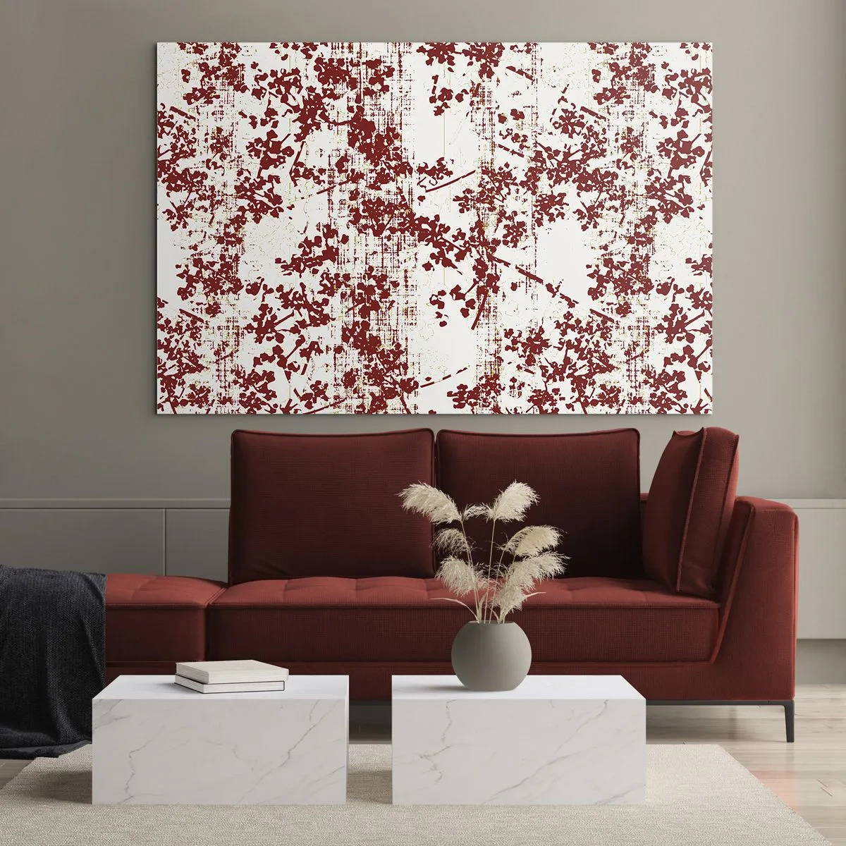 Quadro su vetro - Un motivo floreale in rosso su uno sfondo chiaro e consumato - 70x50cm - Come l'antico percalle - Decorazione murale moderna per soggiorno e camera da letto ARTTOR