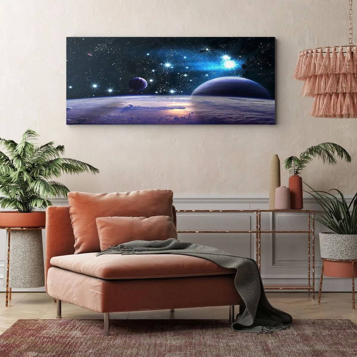 Quadro su tela - Stampe su Tela - Una vista dello spazio con pianeti e stelle - 140x50cm - Sempre da soli? - Decorazione murale moderna per soggiorno e camera da letto ARTTOR