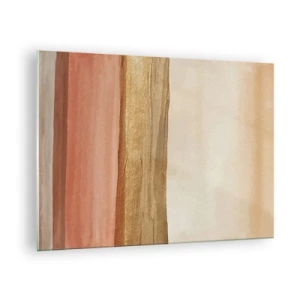 Quadro su vetro - Strisce astratte nelle calde tonalità del beige e dell'oro - 70x50cm - Composizione verticale - Decorazione murale moderna per soggiorno e camera da letto ARTTOR
