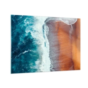 Quadro su vetro - Vista aerea della superficie dell'oceano e della riva della spiaggia - 70x50cm - Il tocco dell'oceano - Decorazione murale moderna per soggiorno e camera da letto ARTTOR