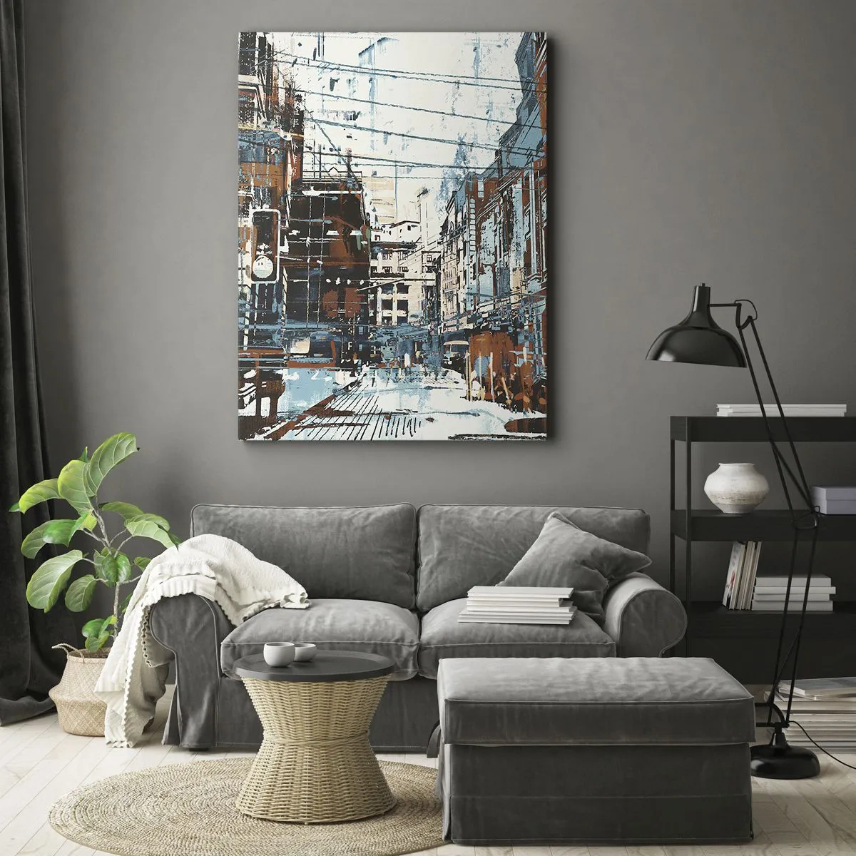 Quadro su tela - Stampe su Tela - Un paesaggio urbano nei toni del blu e dell'arancione - 50x70cm - Percorso cittadino consueto - Decorazione murale moderna per soggiorno e camera da letto ARTTOR