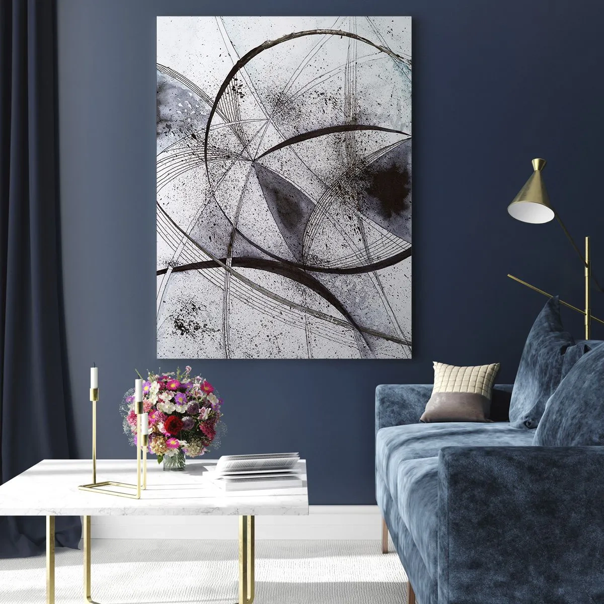 Quadro su vetro - Una composizione in bianco e nero di linee intersecate e archi geometrici. - 50x70cm - Fantasia futuristica - Decorazione murale moderna per soggiorno e camera da letto ARTTOR