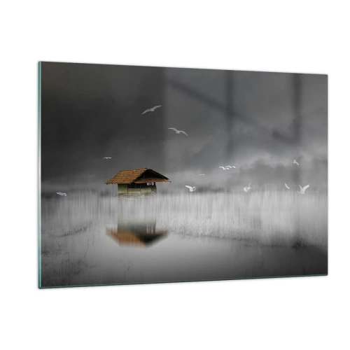 Quadro su vetro - Una casa sull'acqua nella nebbia con uccelli che volano - 120x80cm - Riparo dalla pioggia - Decorazione murale moderna per soggiorno e camera da letto ARTTOR