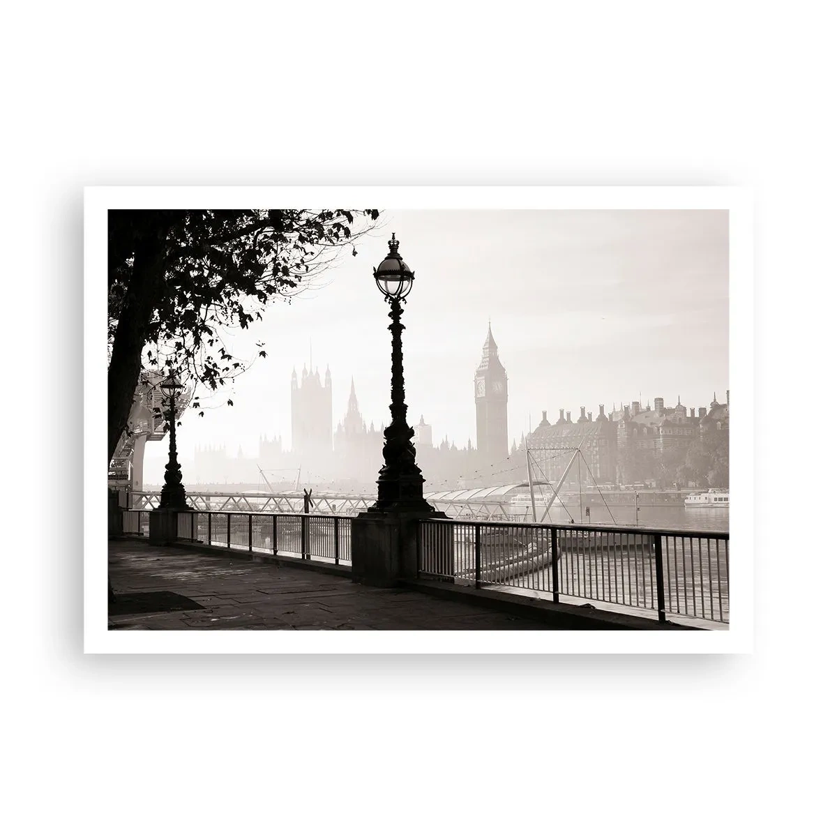 Poster - Una vista monocromatica del Big Ben e del Tamigi. - 100x70cm - Un mattino a Londra - Decorazione murale moderna per soggiorno e camera da letto ARTTOR