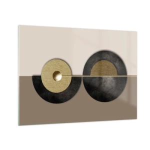 Quadro su vetro - Cerchi geometrici in oro e nero su sfondo beige - 70x50cm - Variazioni attorno al cerchio - Decorazione murale moderna per soggiorno e camera da letto ARTTOR