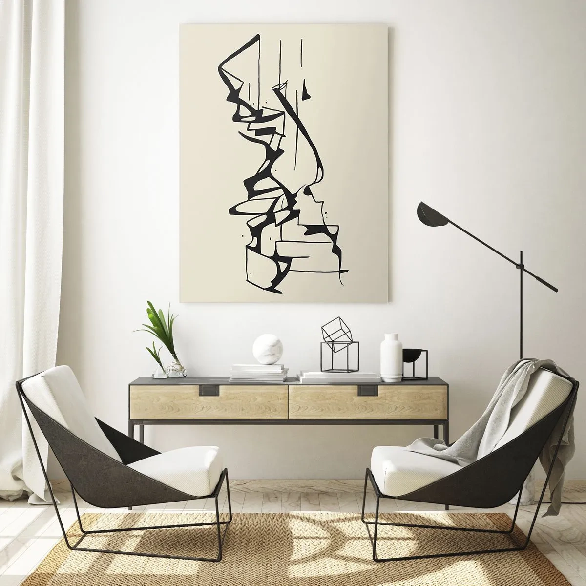 Quadro su vetro - Linea astratta in bianco e nero che forma il contorno di un paesaggio - 50x70cm - Forse è un paesaggio - Decorazione murale moderna per soggiorno e camera da letto ARTTOR