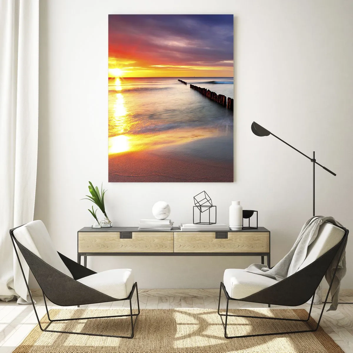 Quadro su vetro - Tramonto sul mare con frangiflutti in legno - 50x70cm - Ascolta il silenzio - Decorazione murale moderna per soggiorno e camera da letto ARTTOR