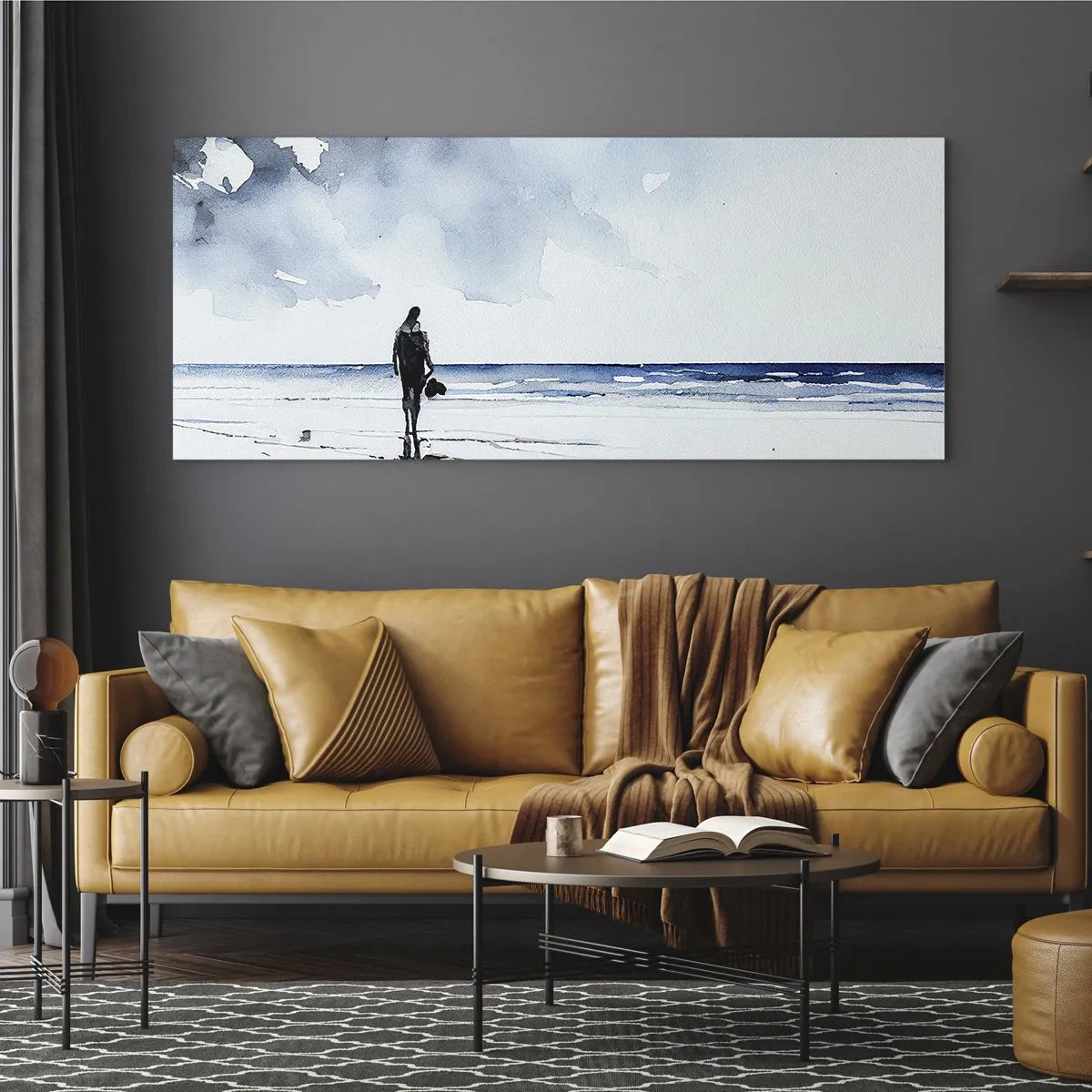 Quadro su vetro - Una figura su una spiaggia in un ambiente marino calmo - 120x50cm - Dialogo con il mare - Decorazione murale moderna per soggiorno e camera da letto ARTTOR