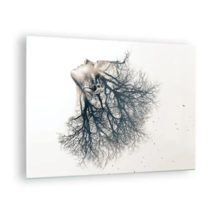 Quadro su vetro - Silhouette di una donna con rami come capelli - 70x50cm - In ascolto del sussurro dell'albero - Decorazione murale moderna per soggiorno e camera da letto ARTTOR