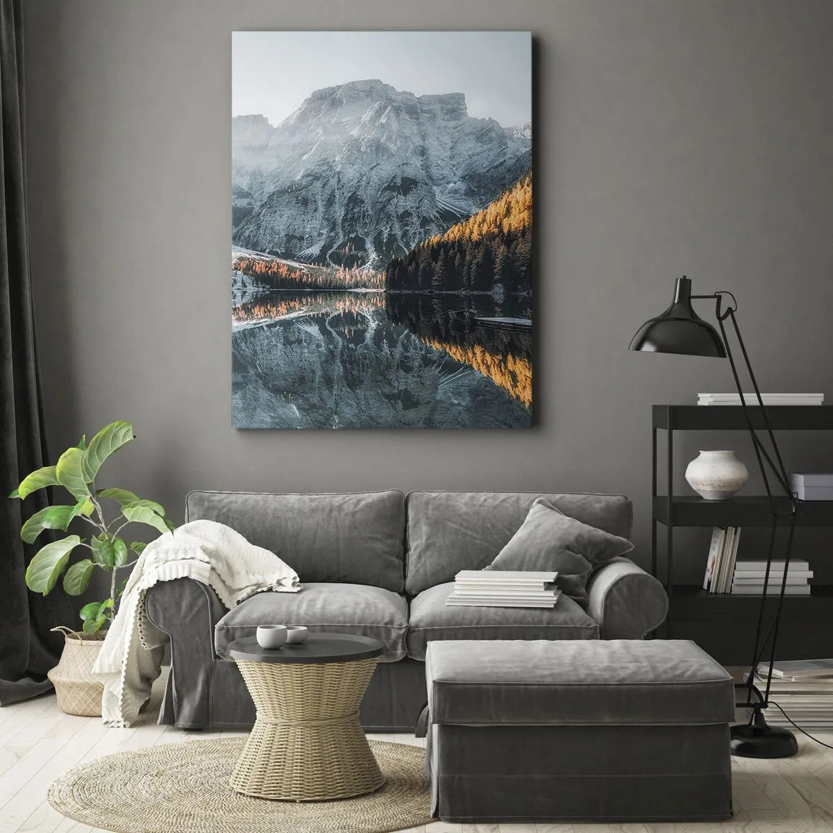 Quadro su tela - Stampe su Tela - Un paesaggio montano riflesso nella calma superficie di un lago - 70x100cm - Paesaggio allo specchio - Decorazione murale moderna per soggiorno e camera da letto ARTTOR