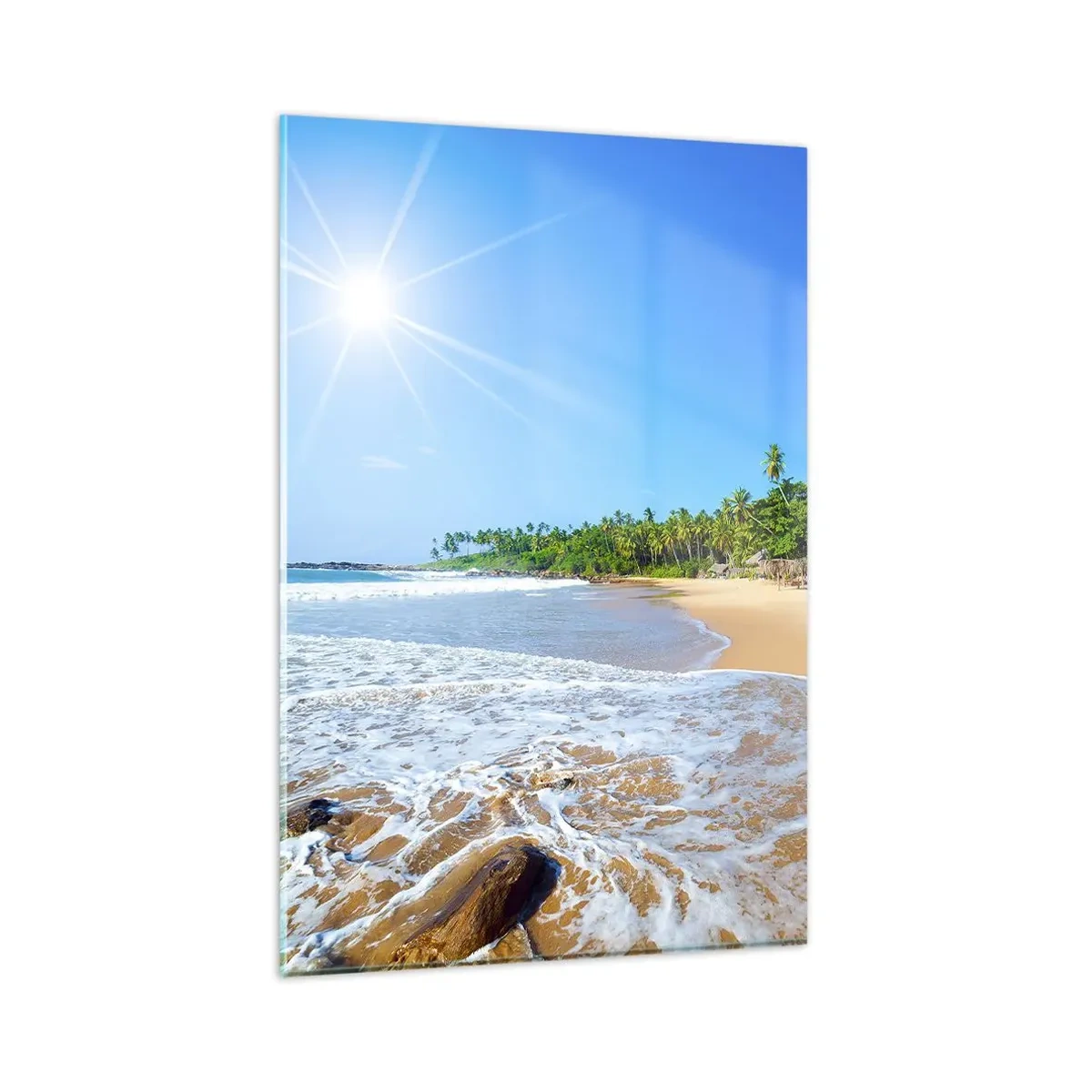 Quadro su vetro - Spiaggia tropicale con palme e cielo azzurro - 80x120cm - Un luogo esotico per te - Decorazione murale moderna per soggiorno e camera da letto ARTTOR