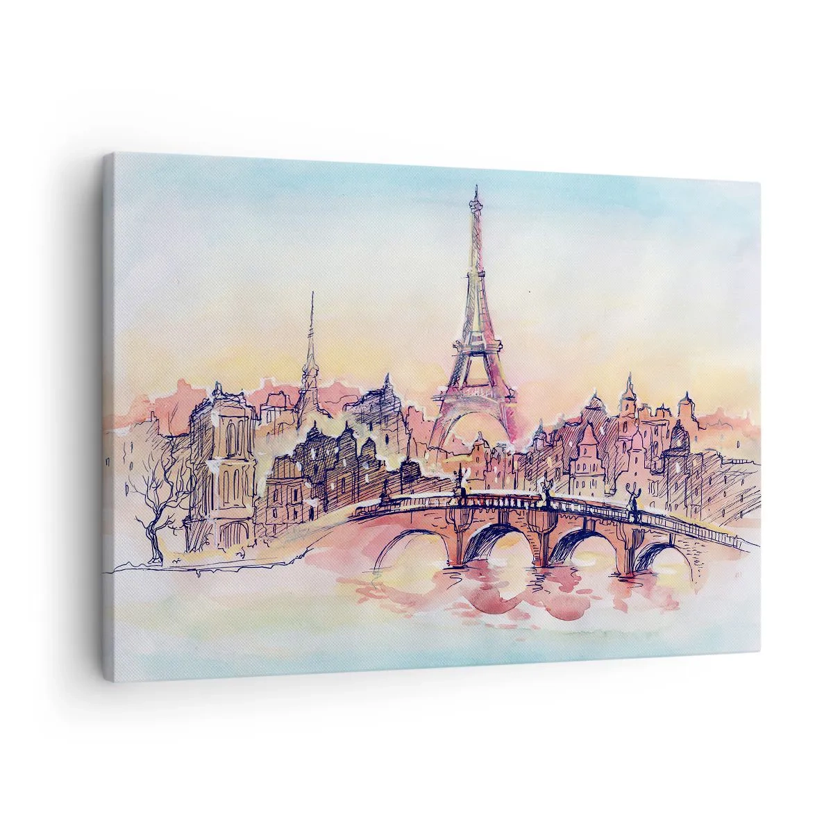 Quadro su tela - Stampe su Tela - Panorama acquerello di Parigi con la Torre Eiffel al tramonto - 70x50cm - L'unica città così al mondo - Decorazione murale moderna per soggiorno e camera da letto ARTTOR
