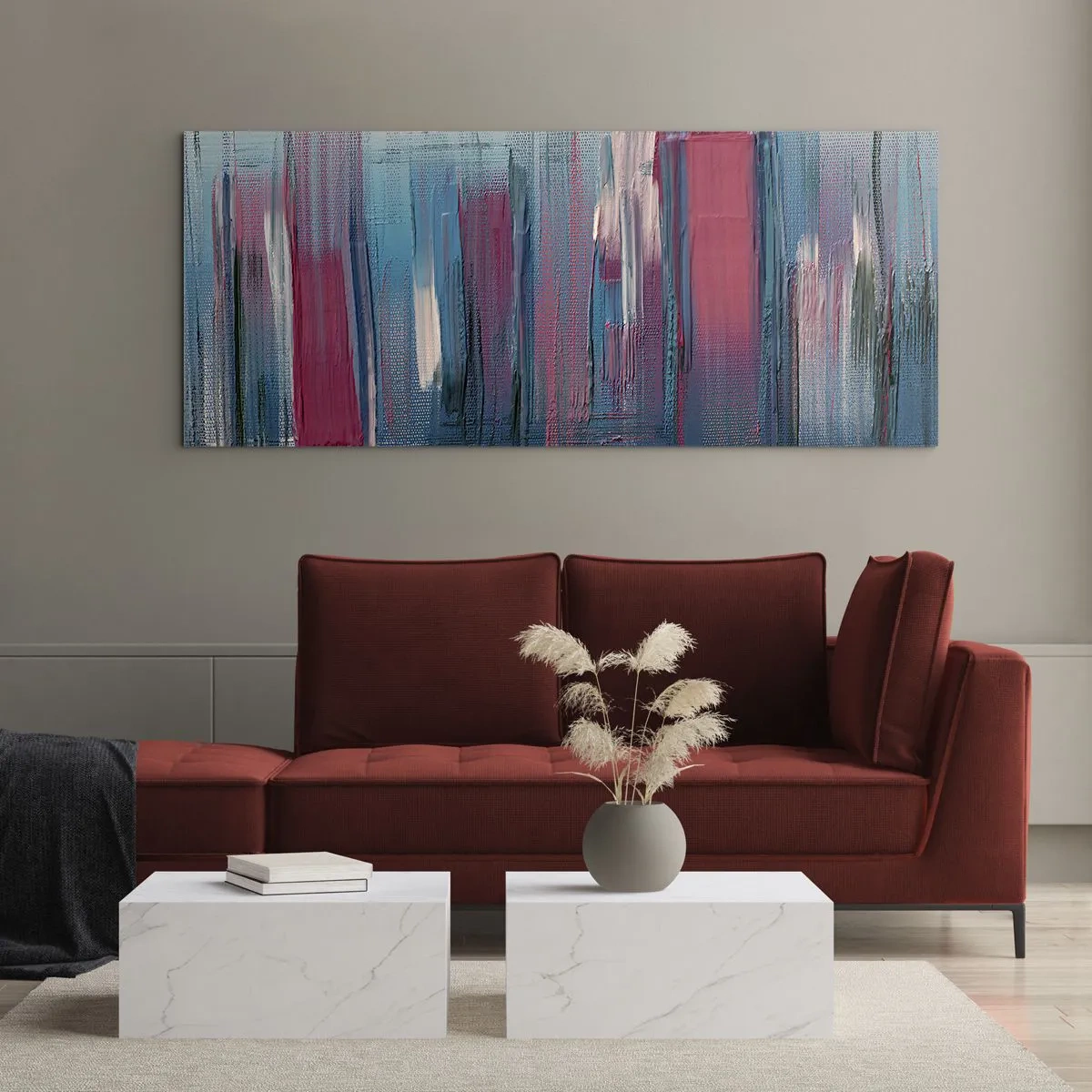 Quadro su vetro - Forme verticali astratte nelle tonalità del blu e del rosso - 120x50cm - Composizione verticale in blu e rosso - Decorazione murale moderna per soggiorno e camera da letto ARTTOR