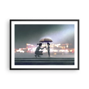 Poster in cornice nera - Una figura con un ombrello che protegge un bambino sullo sfondo delle luci notturne. - 70x50cm - E già tutto va bene - Decorazione murale moderna per soggiorno e camera da letto ARTTOR