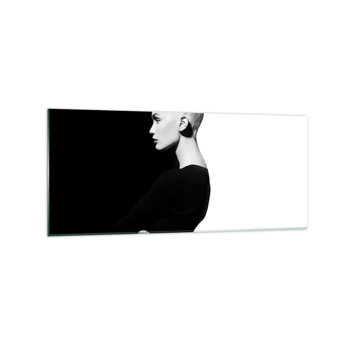 Quadro su vetro - Ritratto elegante di una donna su sfondo bianco e nero - 120x50cm - Semplicemente donna - Decorazione murale moderna per soggiorno e camera da letto ARTTOR