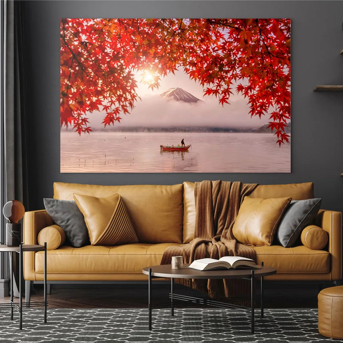 Quadro su vetro - Monte Fuji con una barca su un lago circondato da foglie rosse - 100x70cm - Nell'atmosfera del Giappone - Decorazione murale moderna per soggiorno e camera da letto ARTTOR