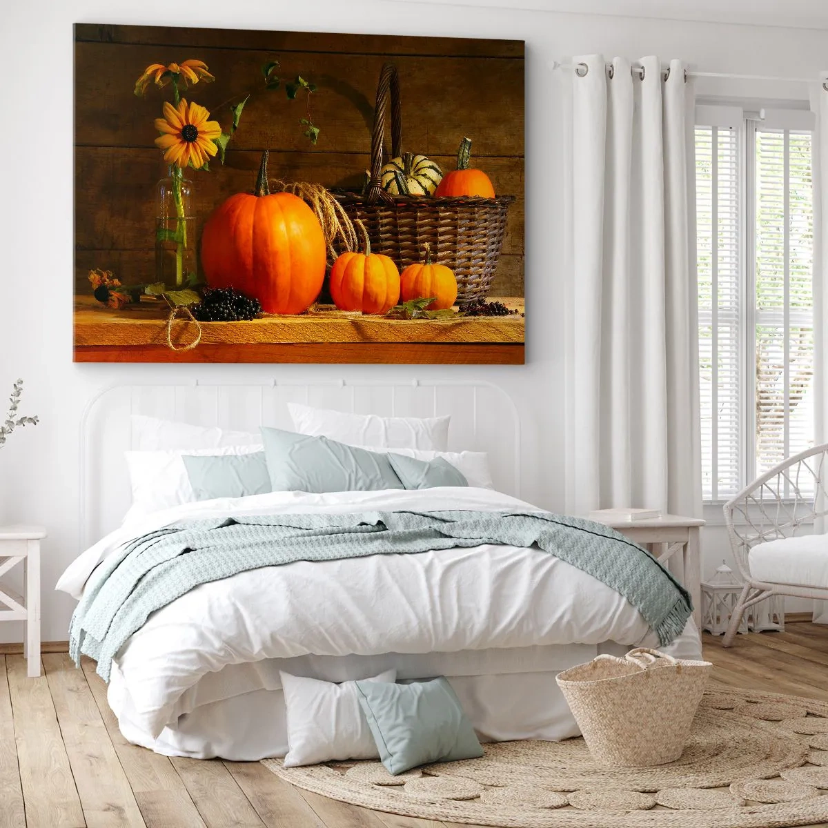 Quadro su tela - Stampe su Tela - Composizione autunnale con zucche e fiori su uno sfondo di legno - 70x50cm - Composizione rustica: i doni dell'autunno - Decorazione murale moderna per soggiorno e camera da letto ARTTOR