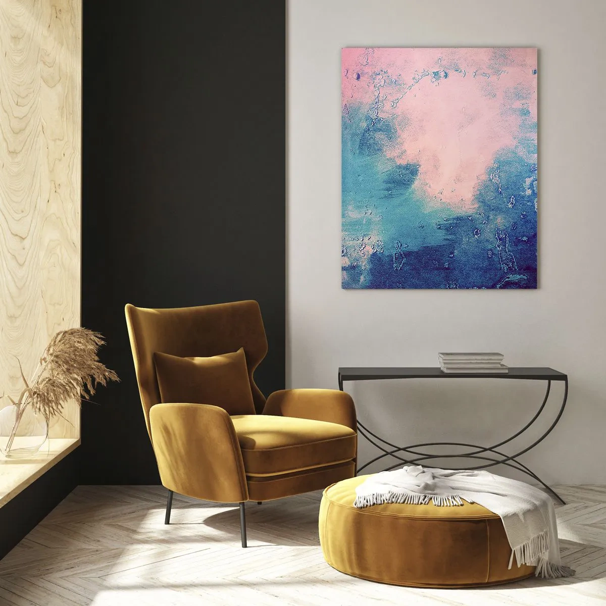 Quadro su vetro - Una combinazione astratta di blu e rosa cipria con texture - 50x70cm - Abbracci nel blu - Decorazione murale moderna per soggiorno e camera da letto ARTTOR