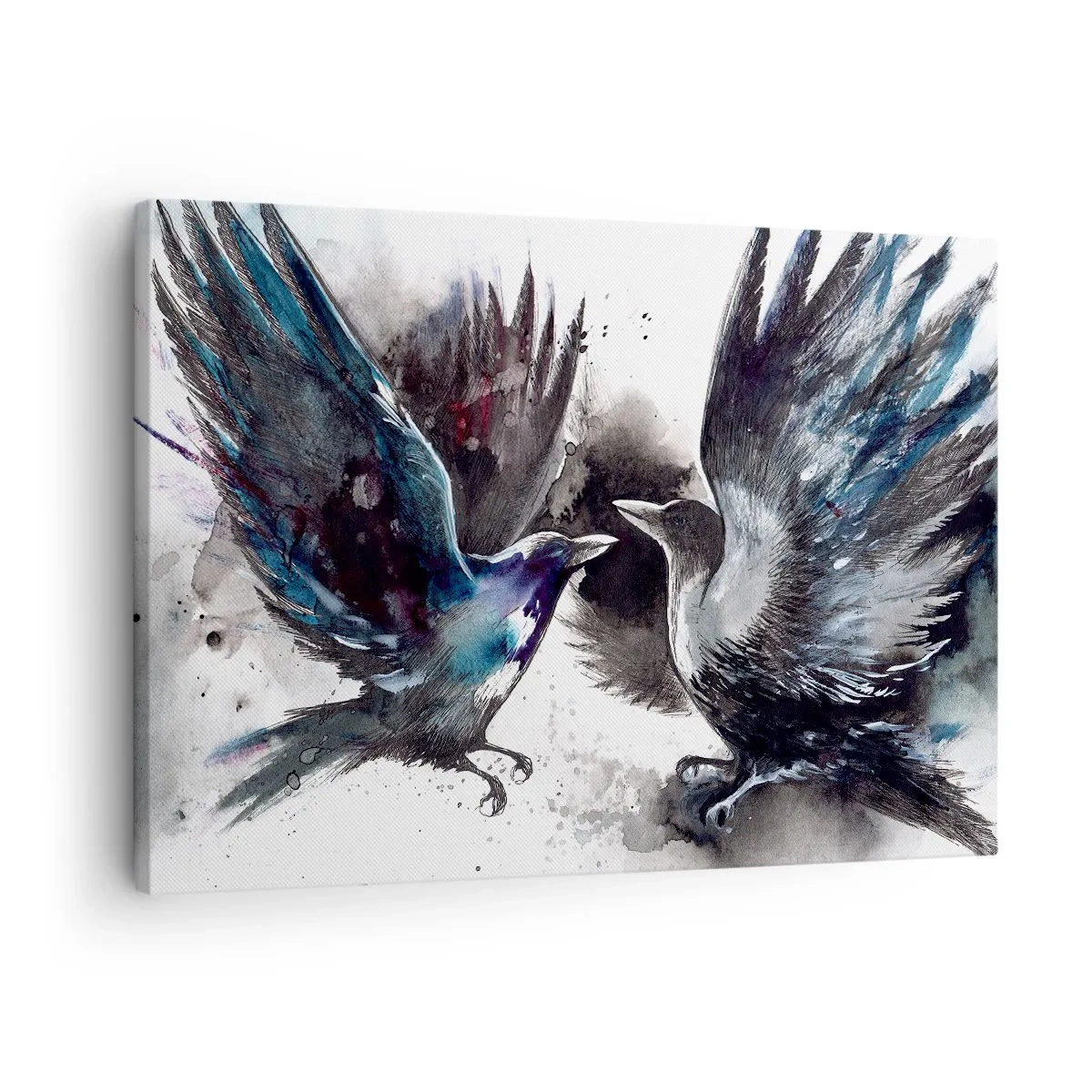 Quadro su tela - Stampe su Tela - Corvi artistici in una composizione dinamica ad acquerello - 70x50cm - Corvi imperiali - Decorazione murale moderna per soggiorno e camera da letto ARTTOR