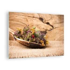 Quadro su vetro - Erbe essiccate in un cucchiaio di legno su uno sfondo rustico - 70x50cm - Fiori colorati ed erbe odorose - Decorazione murale moderna per soggiorno e camera da letto ARTTOR