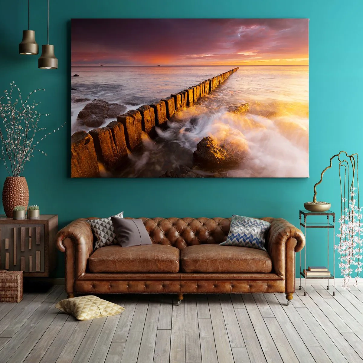 Quadro su tela - Stampe su Tela - Un paesaggio pittoresco in riva al mare al tramonto - 120x80cm - La mitezza delle onde - Decorazione murale moderna per soggiorno e camera da letto ARTTOR