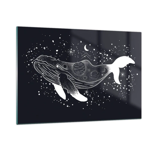 Quadro su vetro - Silhouette bianca grafica di una balena che fluttua nello spazio - 120x80cm - Nell'oceano dell'universo - Decorazione murale moderna per soggiorno e camera da letto ARTTOR