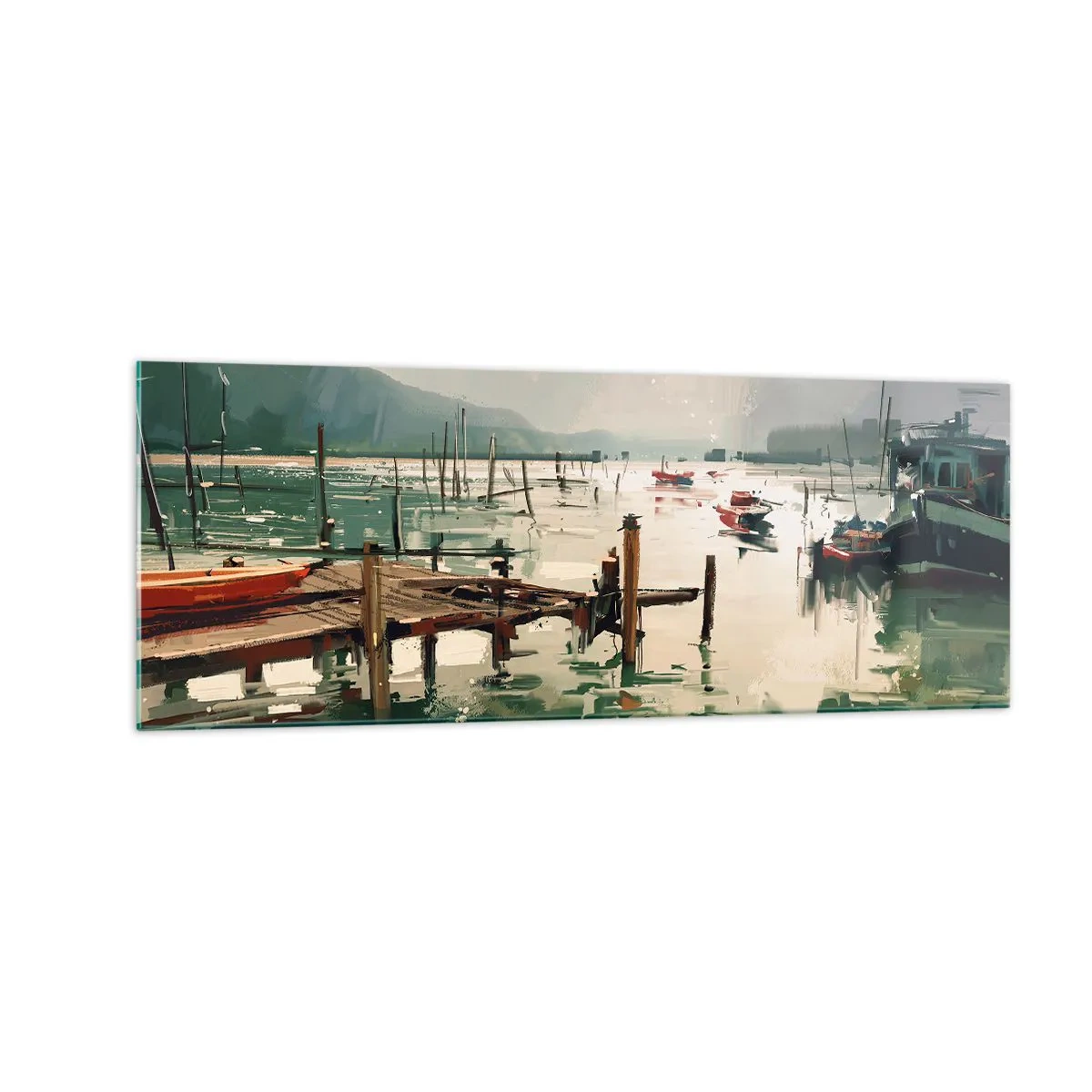 Quadro su vetro - Un pittoresco porto con barche in acque calme - 140x50cm - Imbevuto di luna fusa - Decorazione murale moderna per soggiorno e camera da letto ARTTOR