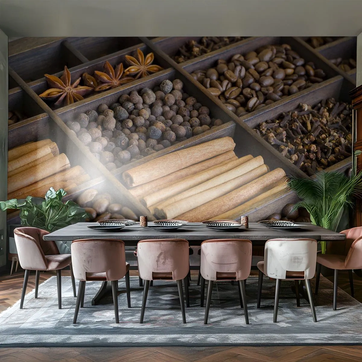 Fotomurali Premium Sand - Spezie e caffè in scomparti di legno - 100x70cm - Il tesoro degli aromi - Decorazione murale moderna per soggiorno e camera da letto ARTTOR