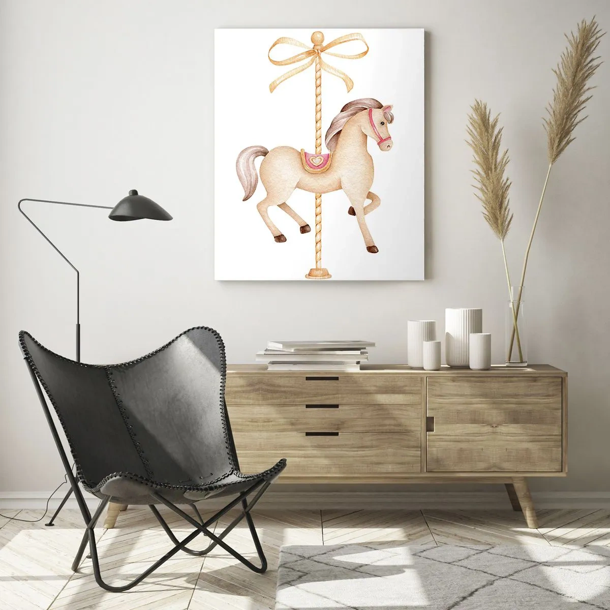 Quadro su vetro - Cavallo da giostra beige con fiocco su sfondo bianco - 50x70cm - Trotto aggraziato - Decorazione murale moderna per soggiorno e camera da letto ARTTOR