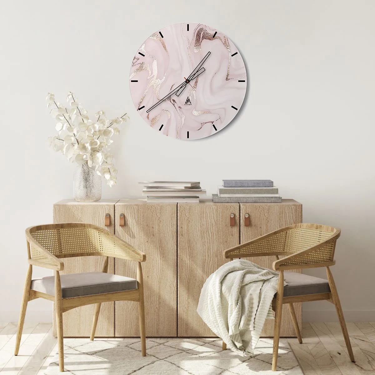 Orologio da parete - Orologio in Vetro - Sfondo in marmo rosa chiaro con venature dorate scintillanti - 30x30cm - Nella follia rosa - Decorazione murale moderna per soggiorno, cucina e camera da letto ARTTOR