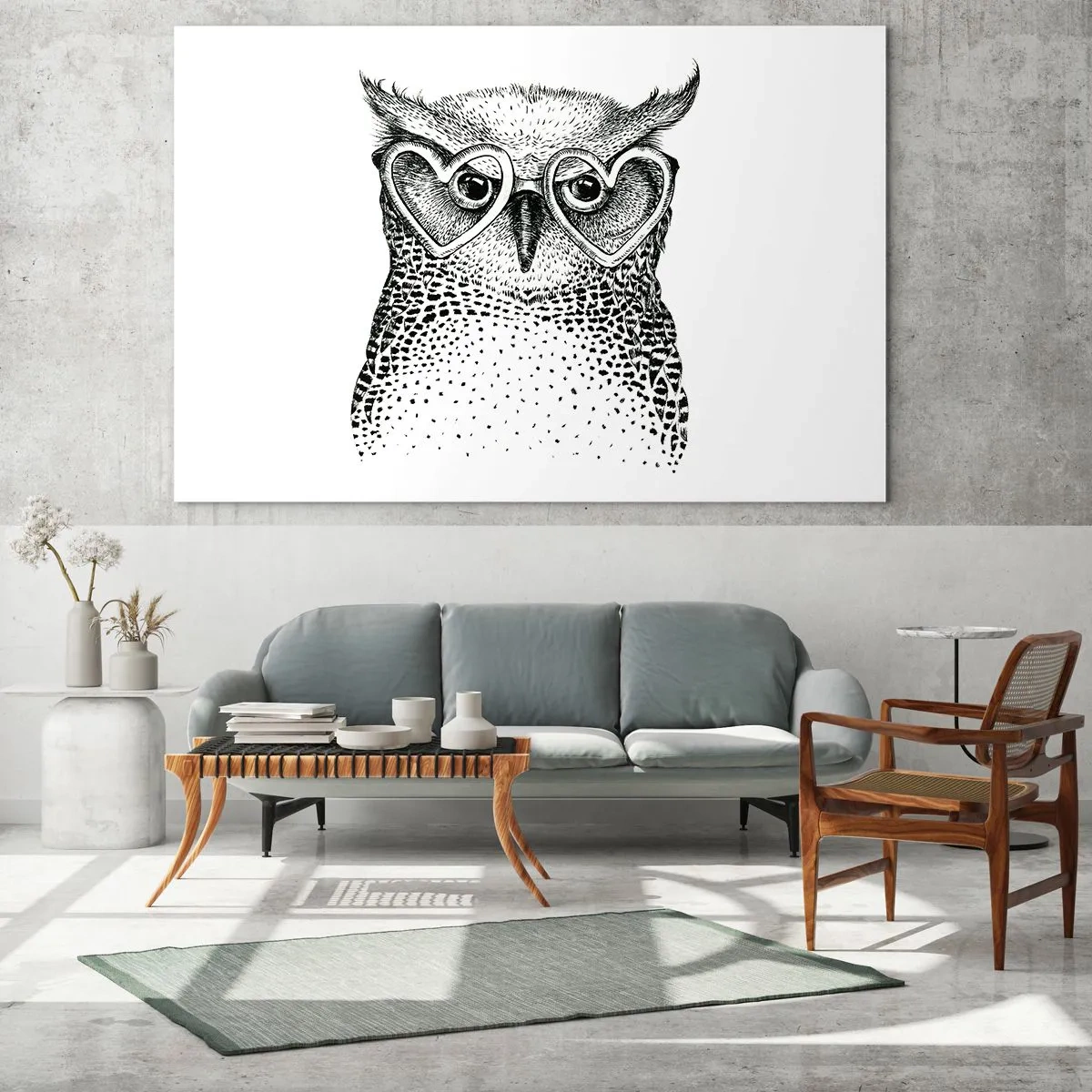 Quadro su vetro - Illustrazione di un gufo che indossa occhiali a forma di cuore - 70x50cm - Saggiamente e con amore - Decorazione murale moderna per soggiorno e camera da letto ARTTOR