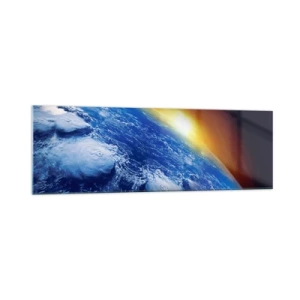 Quadro su vetro - Vista della Terra dallo spazio al tramonto - 160x50cm - L'alba sul pianeta azzurro - Decorazione murale moderna per soggiorno e camera da letto ARTTOR