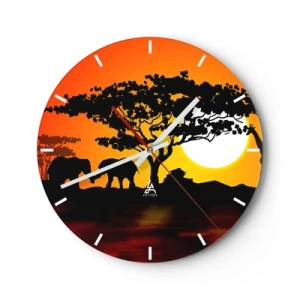 Orologio da parete - Orologio in Vetro - Paesaggio africano con sagome di alberi e animali al tramonto - 30x30cm - Incontro nella savana - Decorazione murale moderna per soggiorno, cucina e camera da letto ARTTOR