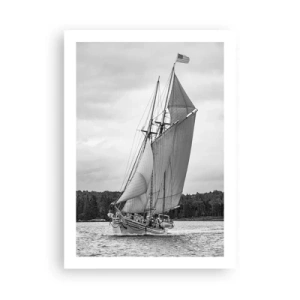 Poster - Un veliero con grandi vele che naviga sul mare in bianco e nero - 50x70cm - Sorelle del vento - Decorazione murale moderna per soggiorno e camera da letto ARTTOR