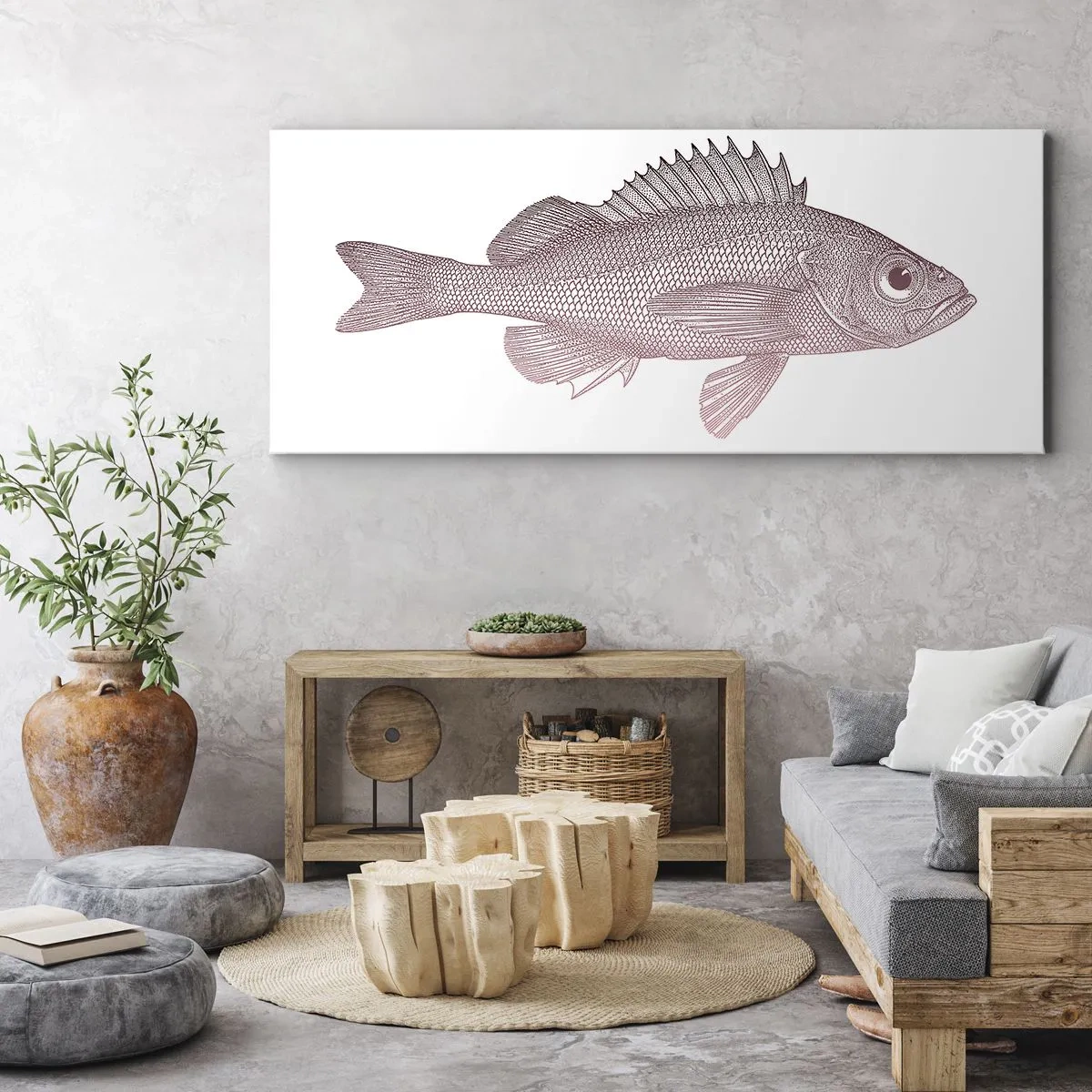 Quadro su tela - Stampe su Tela - Illustrazione dettagliata di un pesce su sfondo bianco - 120x50cm - Il pesce dagli occhi enormi - Decorazione murale moderna per soggiorno e camera da letto ARTTOR
