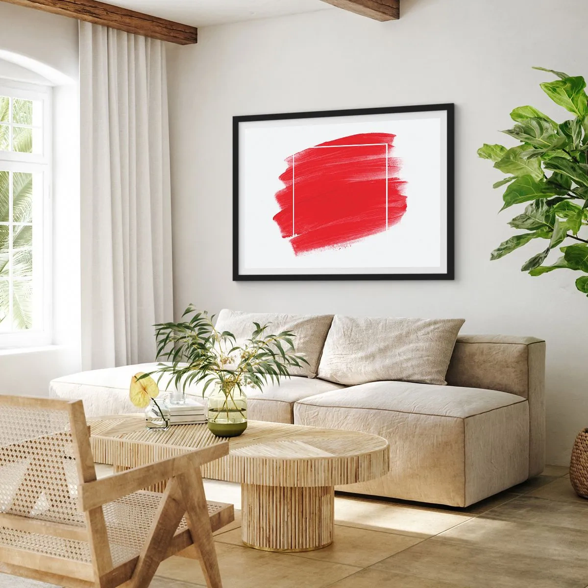 Poster in cornice nera - Pennellata rossa con bordo bianco - 70x50cm - Fuori dagli schemi - Decorazione murale moderna per soggiorno e camera da letto ARTTOR