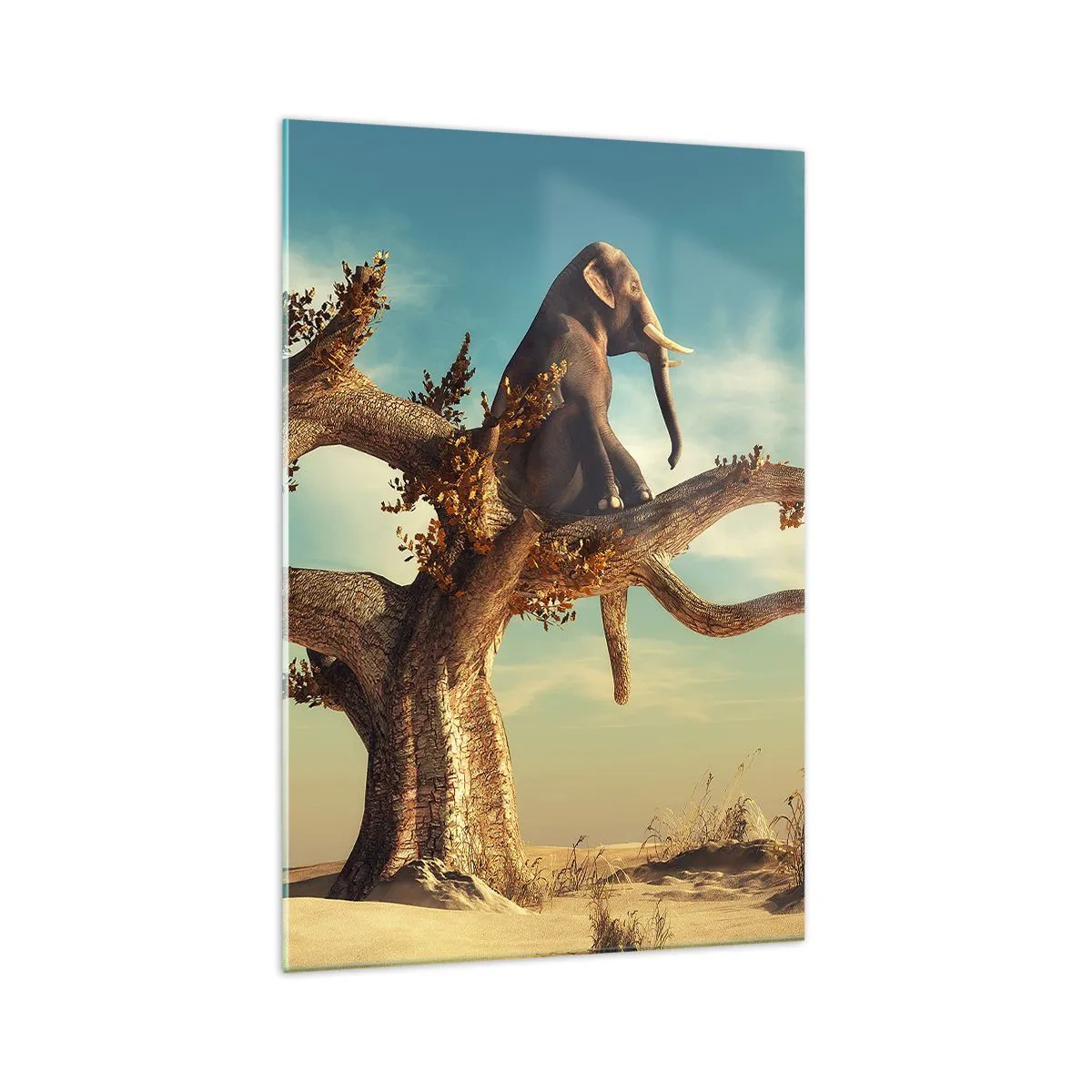 Quadro su vetro - Un elefante seduto su un albero in un paesaggio surreale - 70x100cm - Nuovo punto di vista - Decorazione murale moderna per soggiorno e camera da letto ARTTOR