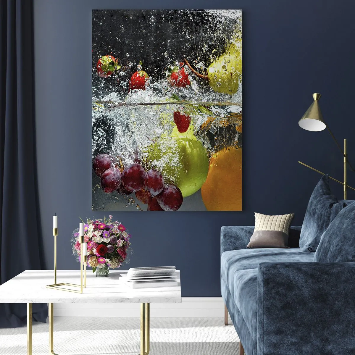 Quadro su vetro - Frutta immersa nell'acqua con schizzi dinamici - 50x70cm - Frutta rinfrescante - Decorazione murale moderna per soggiorno e camera da letto ARTTOR